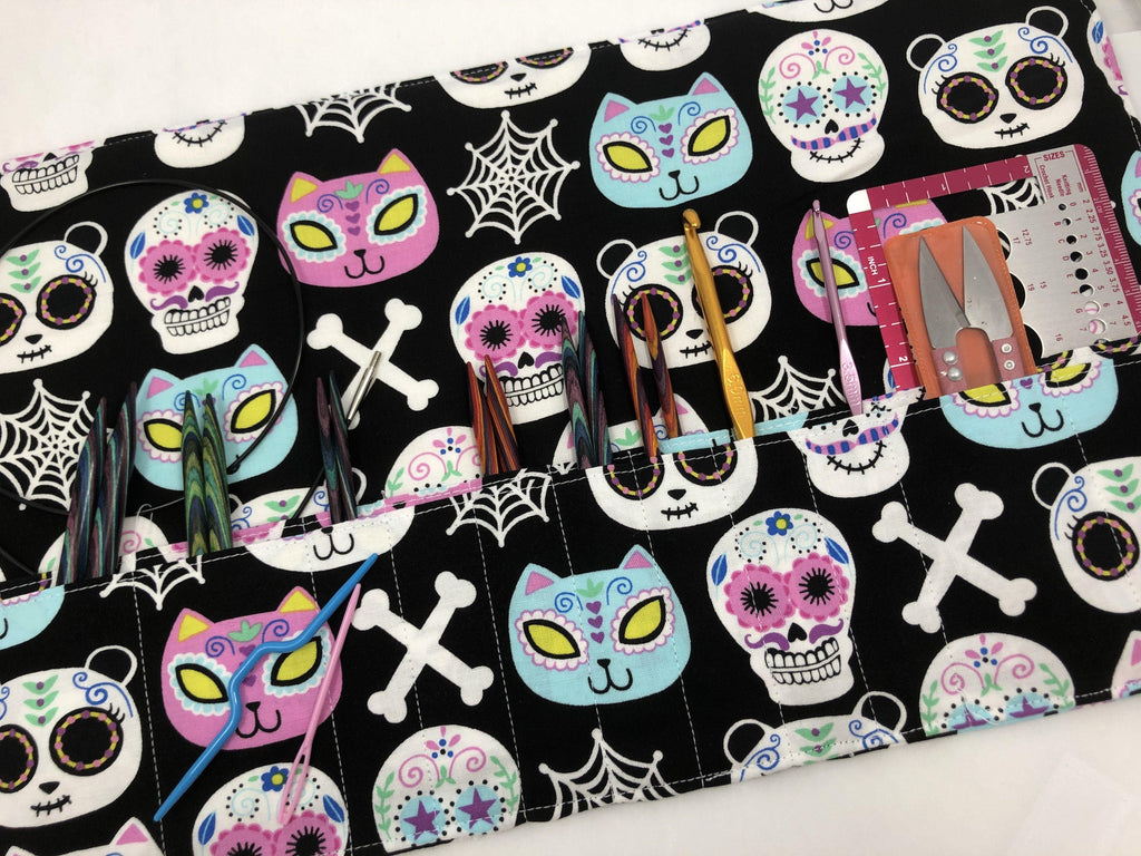 Sugar Skull Interchangeable Knitting Needle Case, Fabric Crochet Hook Roll - EcoHip Custom Designs