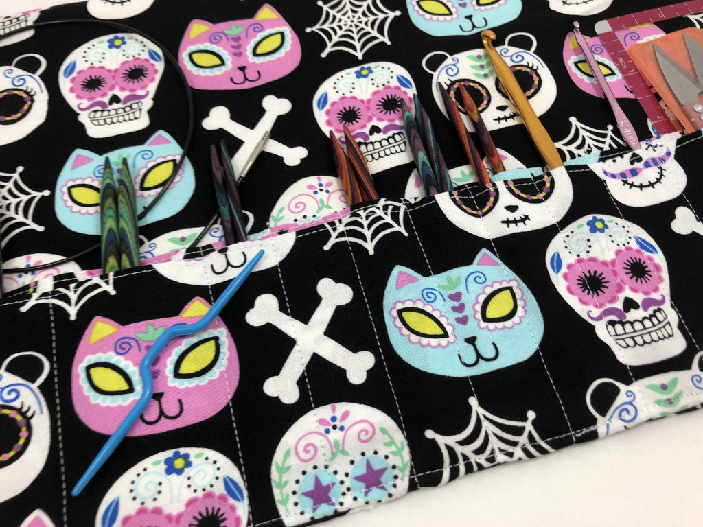 Sugar Skull Interchangeable Knitting Needle Case, Fabric Crochet Hook Roll - EcoHip Custom Designs