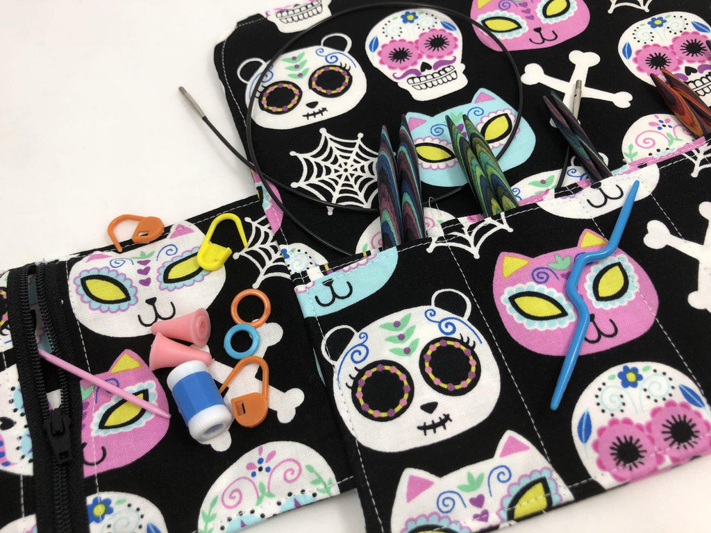 Sugar Skull Interchangeable Knitting Needle Case, Fabric Crochet Hook Roll - EcoHip Custom Designs