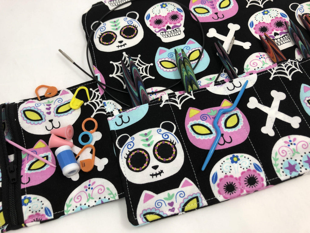 Sugar Skull Interchangeable Knitting Needle Case, Fabric Crochet Hook Roll - EcoHip Custom Designs