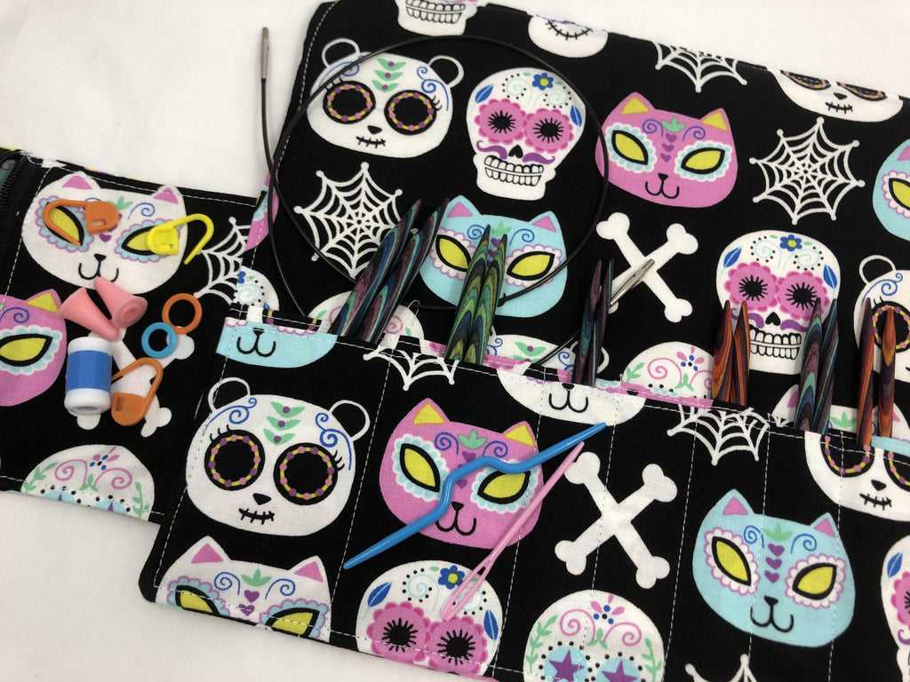 Sugar Skull Interchangeable Knitting Needle Case, Fabric Crochet Hook Roll - EcoHip Custom Designs