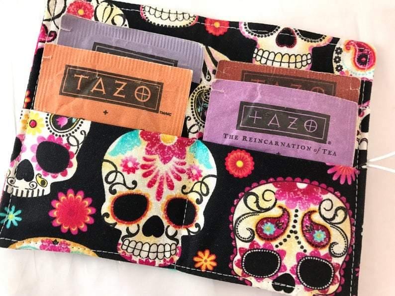 Sugar Skull Tea Wallet, Travel Teabag Holder, Credit Card Organizer, Hot Tea Lovers - EcoHip Custom Designs