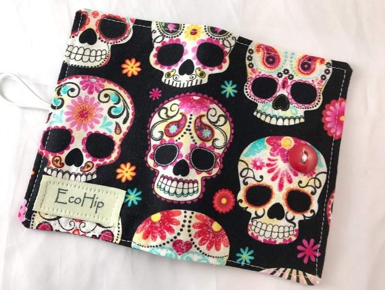 Sugar Skull Tea Wallet, Travel Teabag Holder, Credit Card Organizer, Hot Tea Lovers - EcoHip Custom Designs