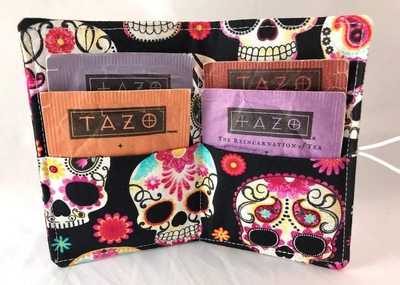 Sugar Skull Tea Wallet, Travel Teabag Holder, Credit Card Organizer, Hot Tea Lovers - EcoHip Custom Designs