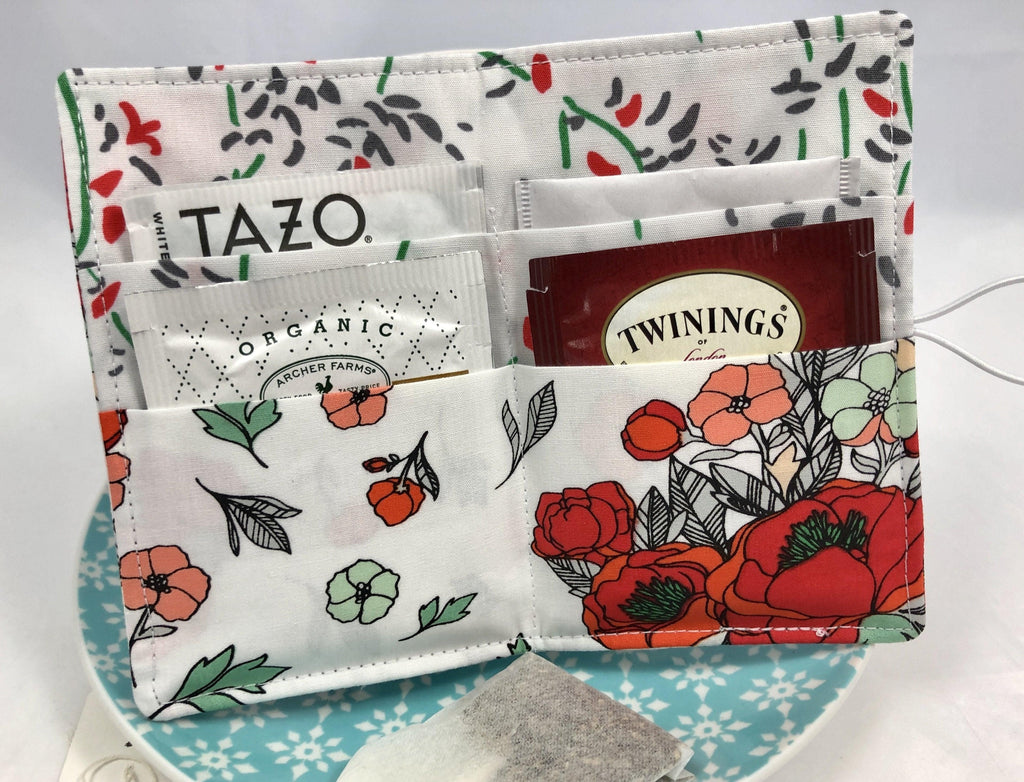 Tea Cozy, Travel Tea Bag Holder, Business Card Wallet, Tea Lovers, Blooms Red - EcoHip Custom Designs